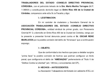 Contra las amenazas en Río Ceballos: ATE Córdoba denunció penalmente al Secretario General del Sindicato de Municipales de la localidad
