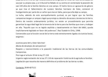 ATE su suma al reclamo para anular el desalojo de dos campesinas en el norte provincial
