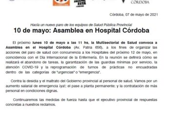 Lunes 10 de mayo: Asamblea en Hospital Córdoba para organizar el Paro del 12