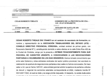 Por carta documento dirigida a Schiaretti ATE reclamó ser convocada a la reunión paritaria del lunes próximo